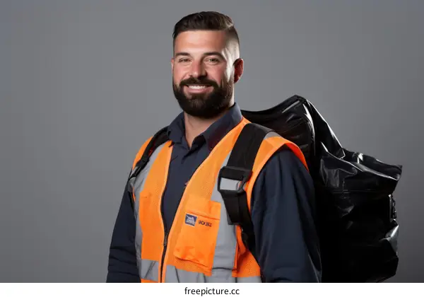 smiling delivery man with a large black bag on his back