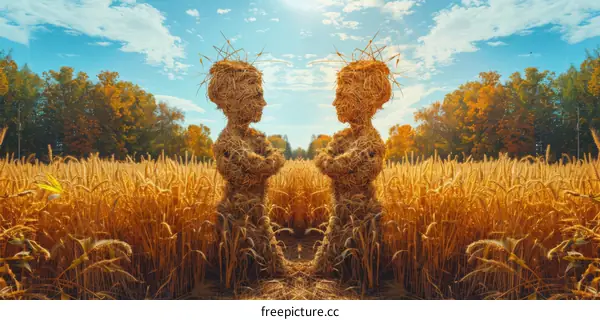 Straw Men Facing Each Other in a Wheat Field