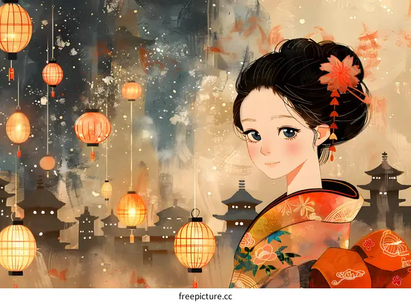 A Japanese woman in a kimono standing in front of a traditional Japanese house.