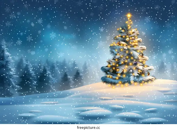 Christmas tree shining in the snow