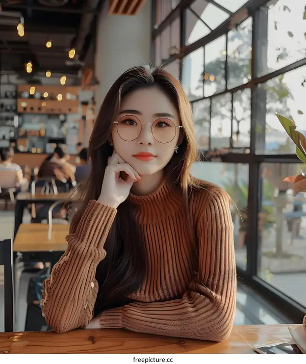 Young Asian Woman with Long Brown Hair Wearing Glasses in a Cafe