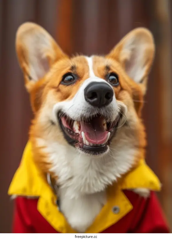 A happy corgi dog wearing a yellow raincoat and a red sweater