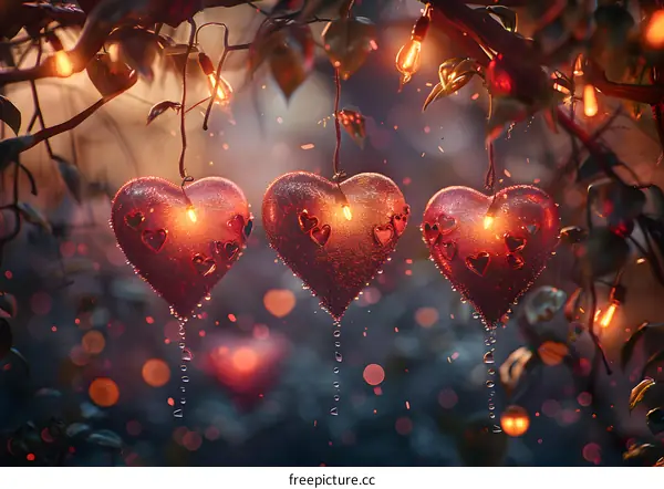 Three red heart-shaped lanterns hang from a tree branch.