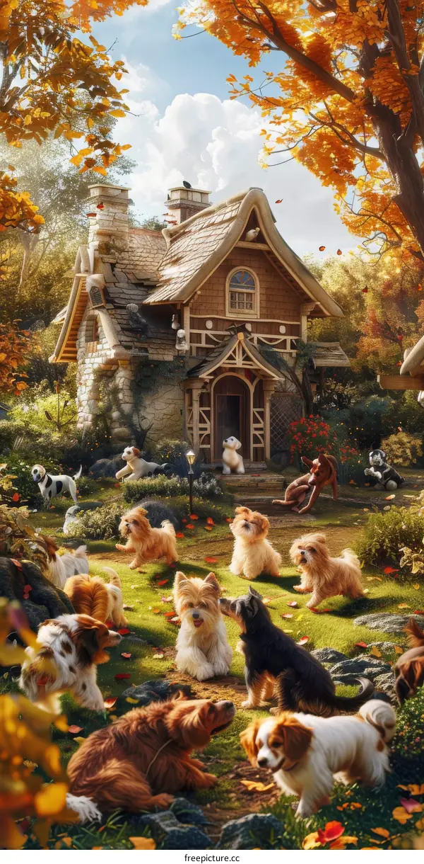 A group of dogs playing in the garden of a cottage in the woods