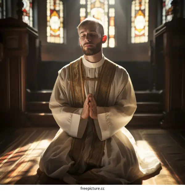 A priest kneels in prayer in a church with stained glass windows.