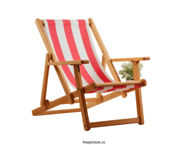 [Transparent Background PNG]Red and White Striped Wooden Beach Chair