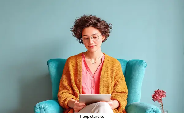 Woman Relaxing with Tablet in Teal Chair