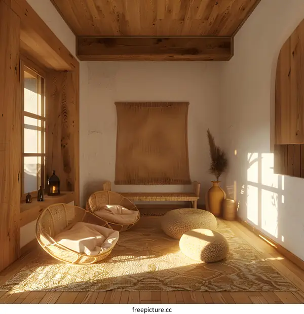 Minimalist Boho Living Room Interior Design With Woven Furniture And Natural Light