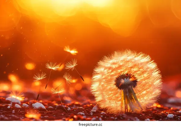 Dandelion seeds blowing in the wind at sunset