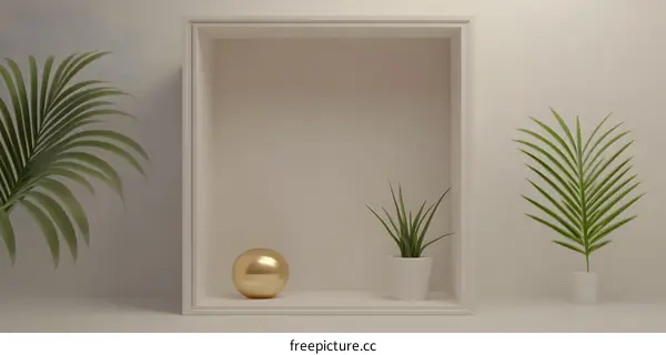 Minimalist Shelf with Gold Sphere and Green Plants