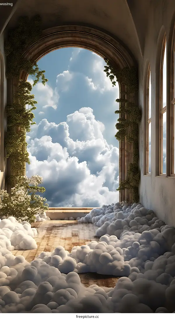 Surreal cloudscape with a blue sky and a stone balcony