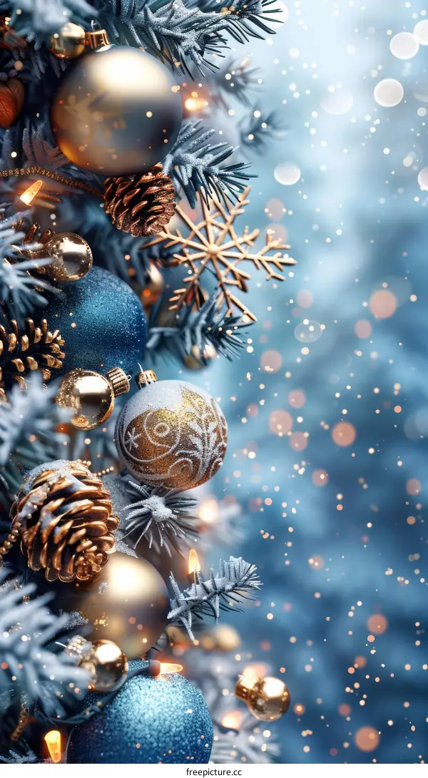 Christmas Tree with Blue and Gold Ornaments Decoration