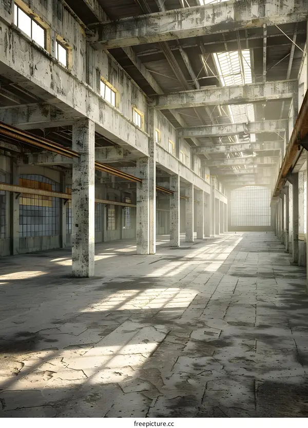 Empty Abandoned Industrial Building Interior With Concrete Columns and Sunbeams