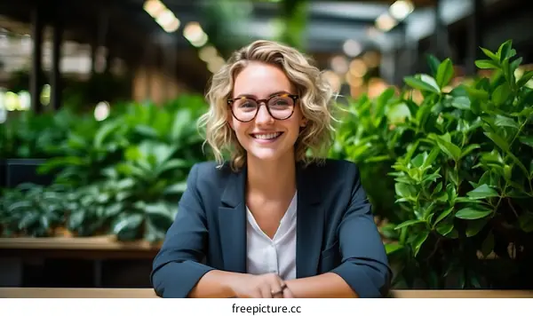 portrait of a young businesswoman smiling in a green office