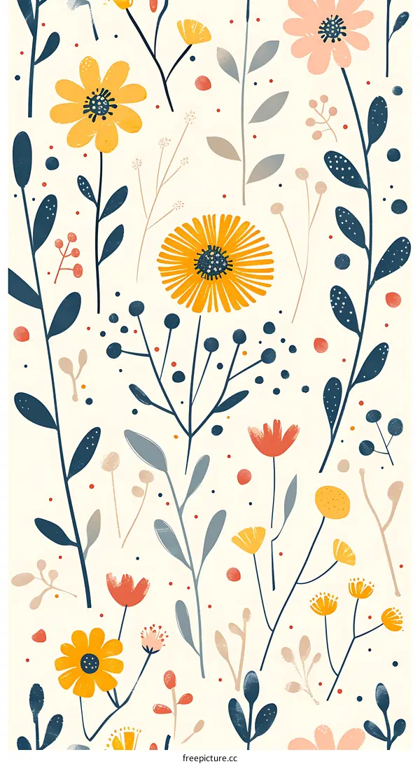 Floral Pattern with Yellow, Red and Blue Flowers