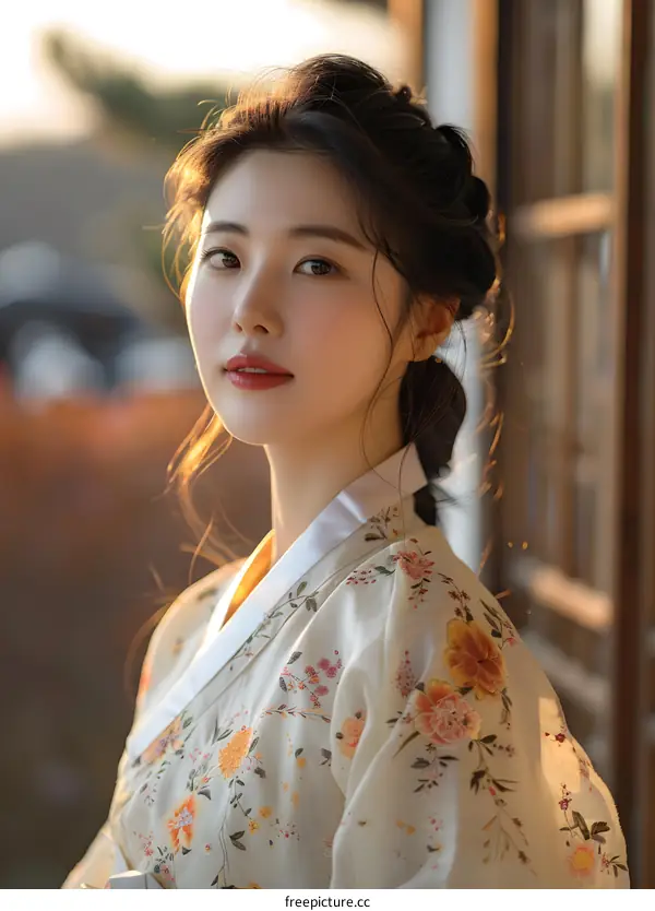 Portrait of a young woman in traditional Korean dress, or Hanbok