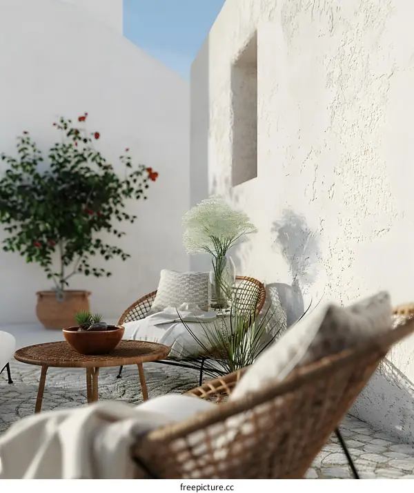 White Wall Patio With Wicker Chairs And Small Table
