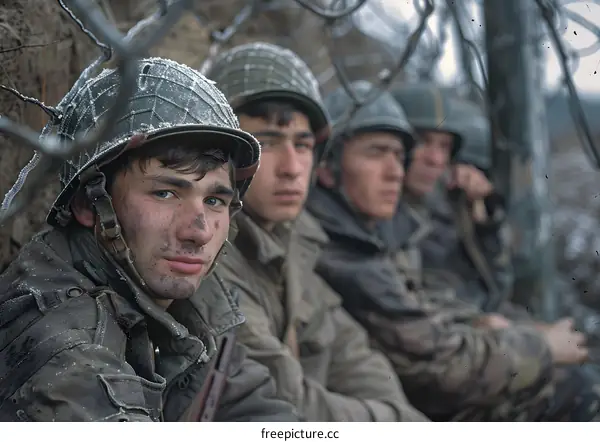 Four soldiers wearing military uniform and helmet in a snowy forest