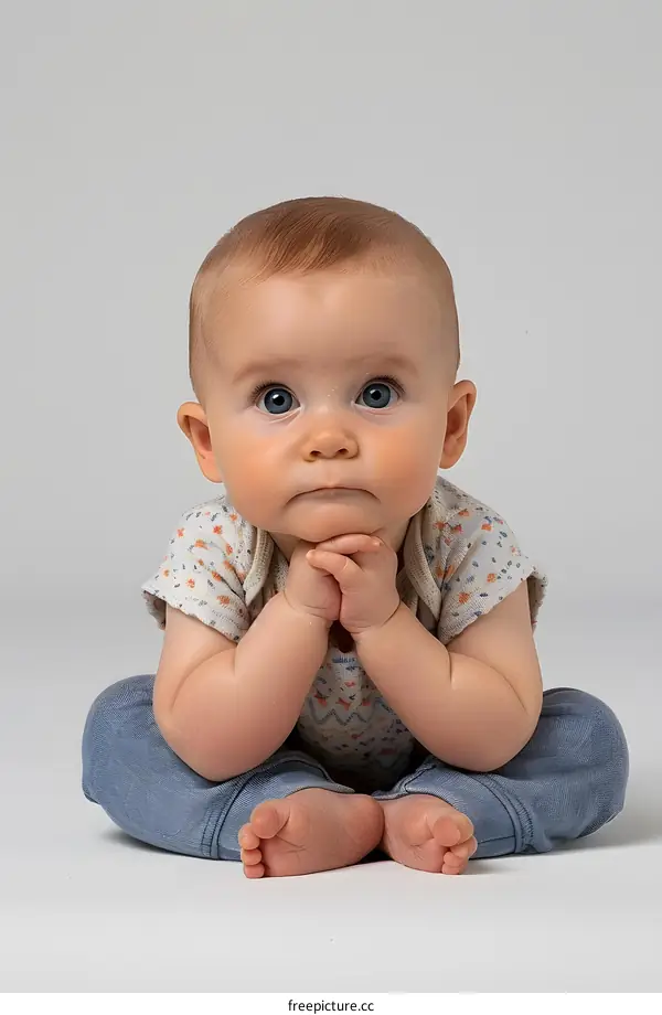 Cute Baby Boy Sitting On Floor Looking At Camera