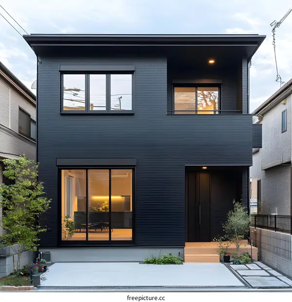Modern Black House Exterior With  Large Windows