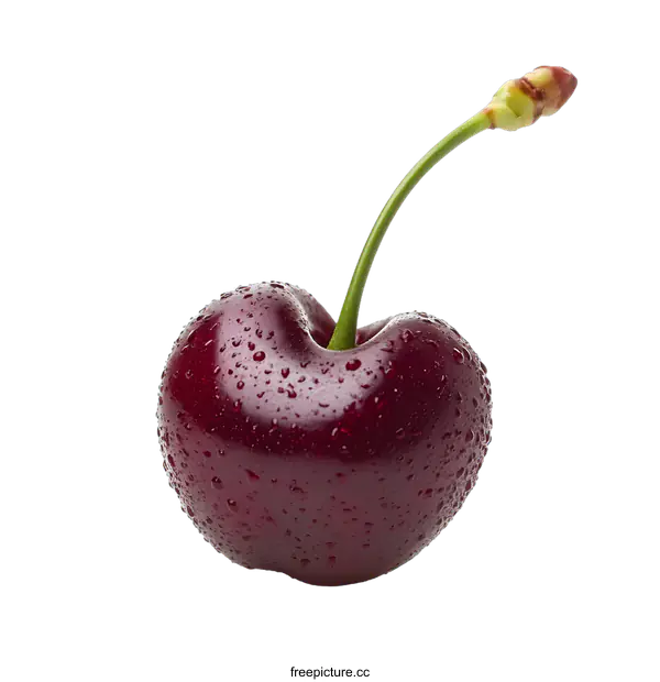 [Transparent Background PNG]Single Red Cherry With Water Drops Isolated On White Background