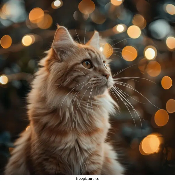 A ginger cat is sitting in front of a blurry background of Christmas lights.