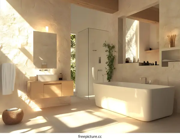 Modern Minimalist Bathroom Design With White Tub And Wooden Accents