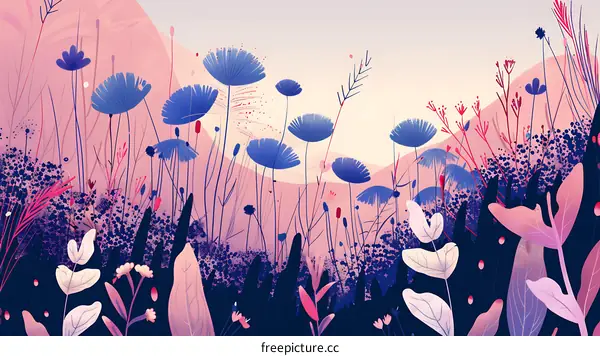 Abstract Illustration of a Floral Meadow with Pink and Blue Flowers