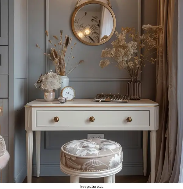 Elegant White Dressing Table with Round Mirror and Floral Decor
