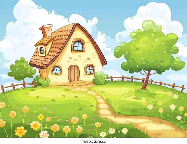 Cartoon House In Green Field With Flowers And Clouds