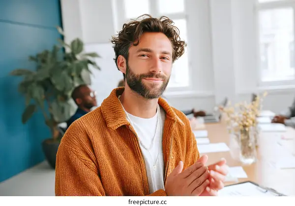 Caucasian Man Clapping in a Modern Office
