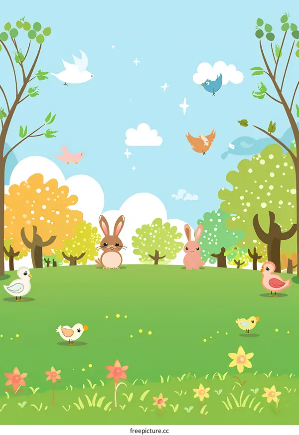 Cute Cartoon Animals in a Spring Forest