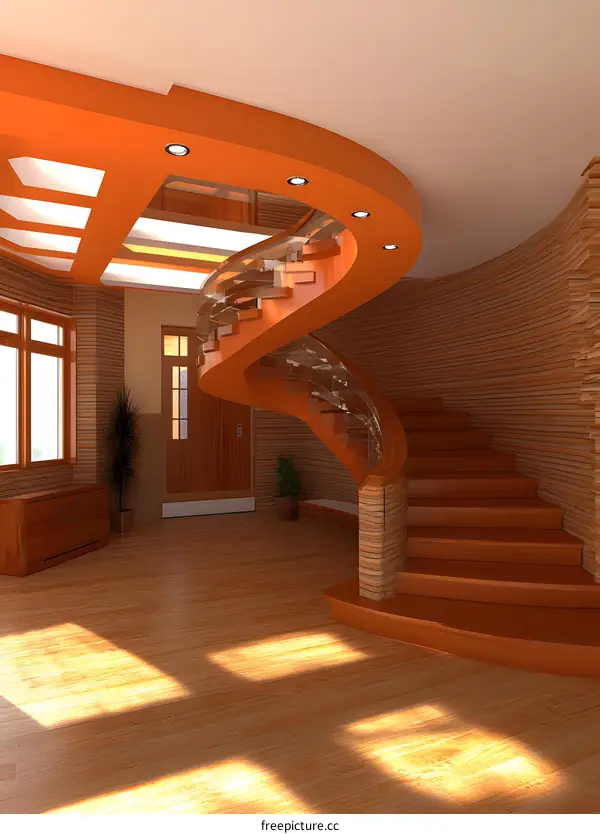 Modern Home Interior Design With Spiral Staircase And Wooden Floor