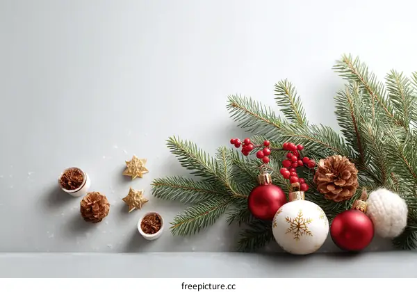 Christmas Decor Arrangement on a Light Gray Background