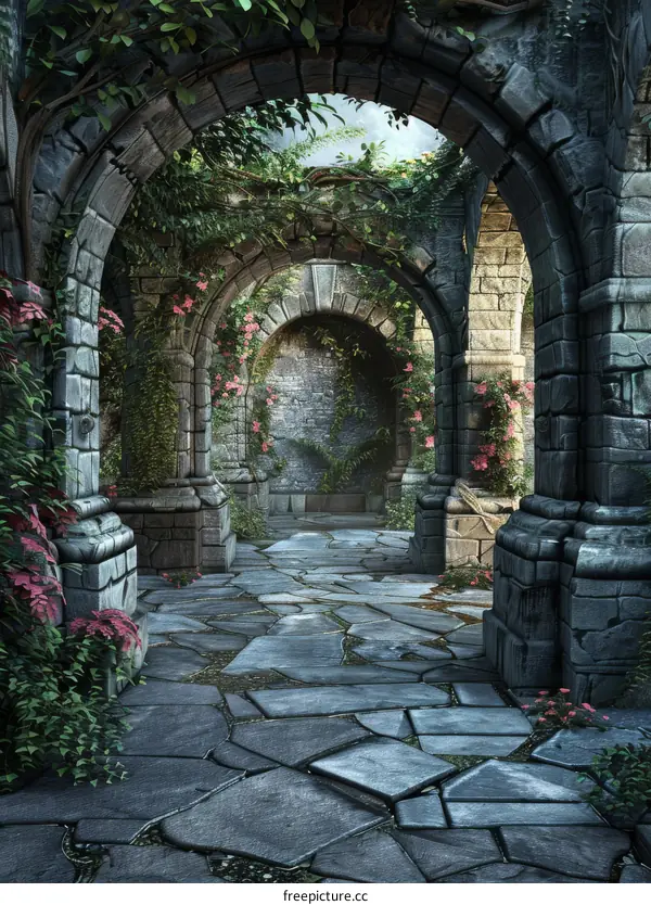 Stone archway in a ruined building