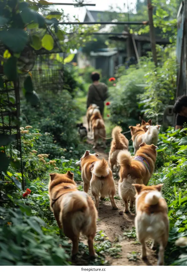 A woman walking with a pack of dogs in the woods