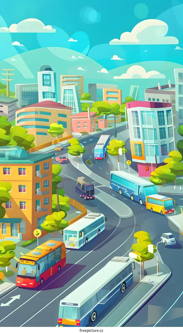 Cartoon Illustration of City Street with Buses and Buildings