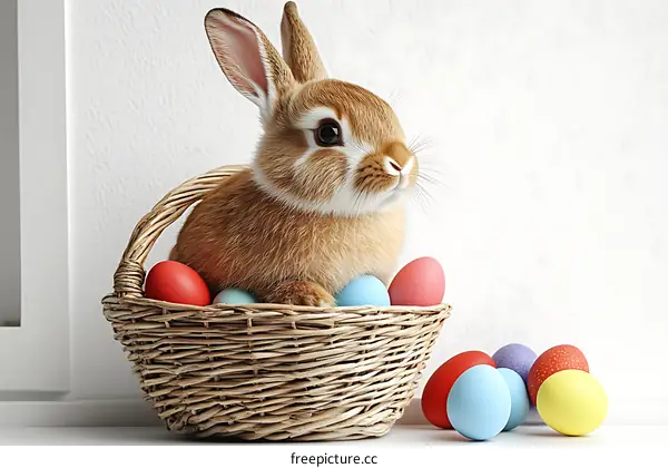 Easter Bunny in a Basket with Eggs