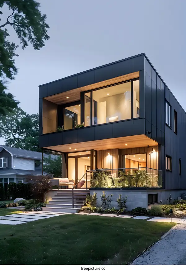 Modern Black and Wood House with Green Lawn
