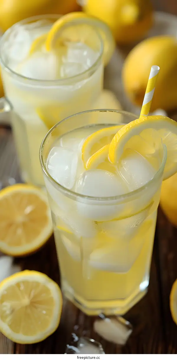 Close Up Of Glass Of Lemonade With Ice And Lemon Slices
