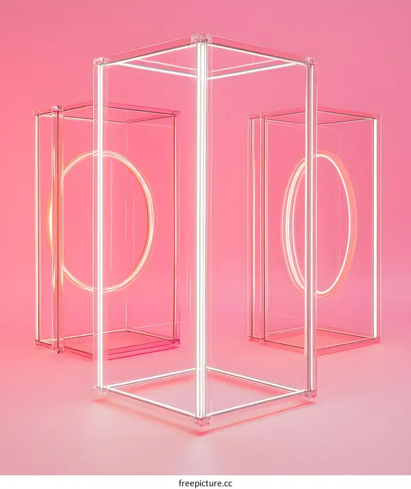 Glass Cubes With Neon Lights On Pink Background