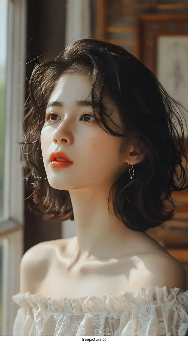 Beautiful Asian Woman with Short Hair Posing Near Window