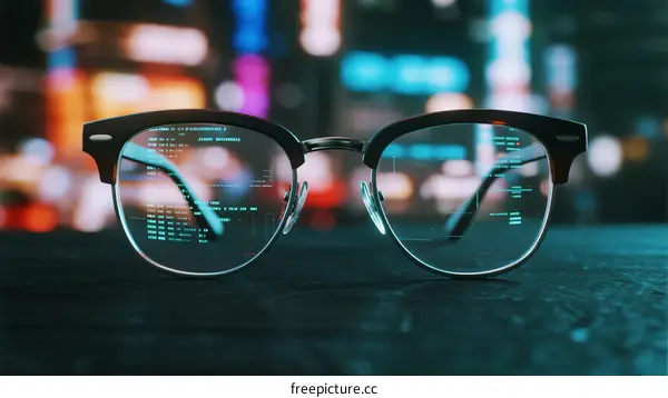 Smart Glasses Displaying Digital Data in Urban Night Scene