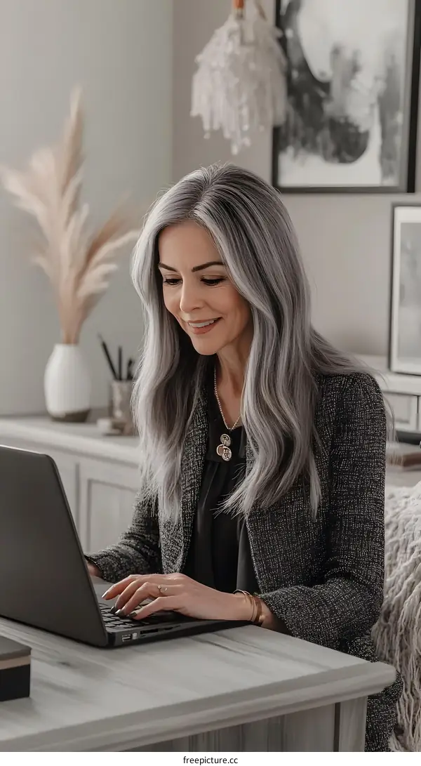Woman with Grey Hair Working on Laptop at Home Office