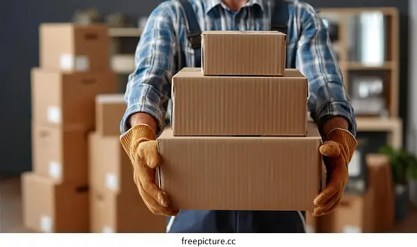 Delivery Person Holding Cardboard Boxes