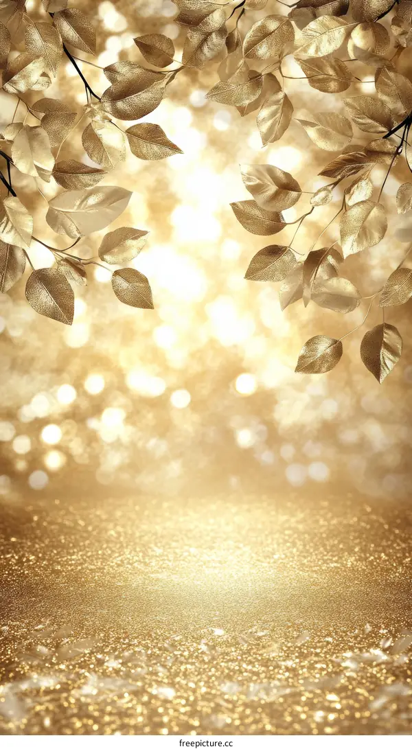 Golden Autumn Leaves Background with Sparkling Glitter