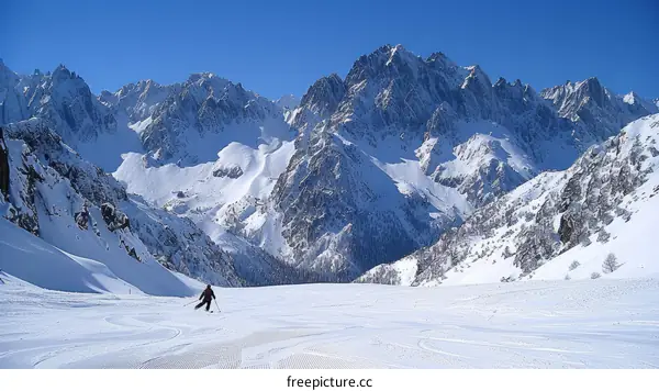 Skier glides down a snowy mountain slope