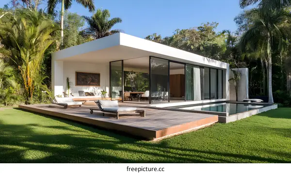 Modern Minimalist House With Swimming Pool And Deck In Tropical Garden