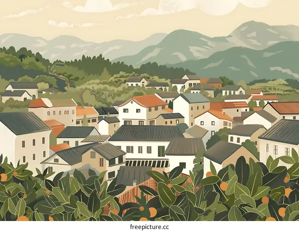Peaceful Village Illustration with Lush Green Foliage and Mountains in the Background