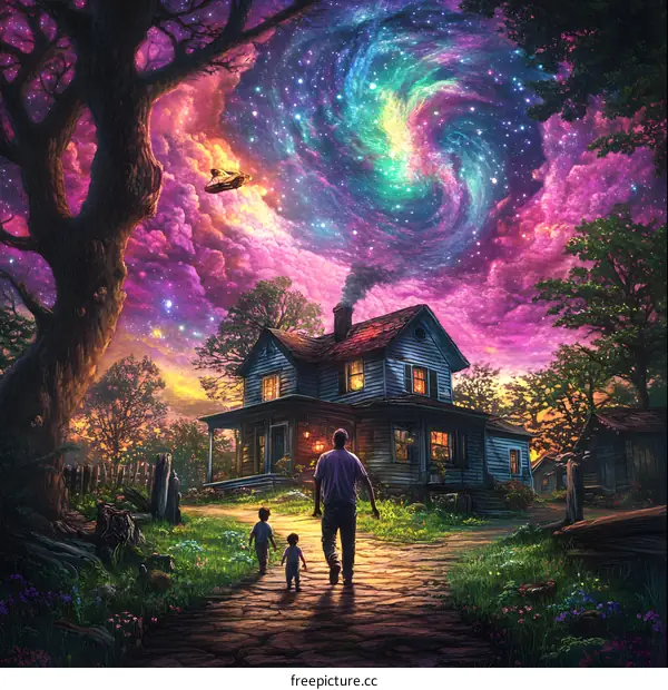 Family Walking Towards a Magical Galaxy Sky